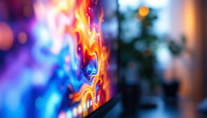 A photograph of a close-up shot of a vibrant led monitor displaying a colorful image