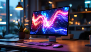 A photograph of a sleek touch screen display computer in a modern workspace