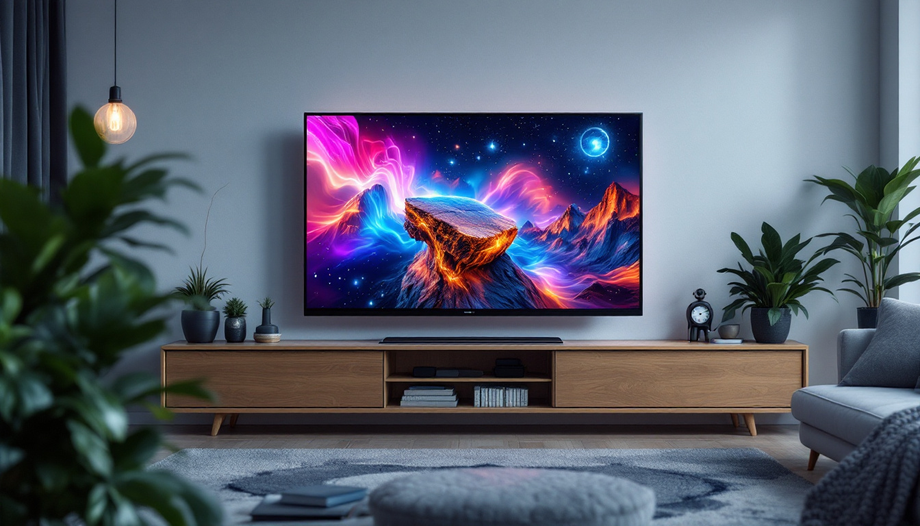 A photograph of a sleek touch screen tv monitor displaying vibrant graphics and interactive features in a modern living room setting