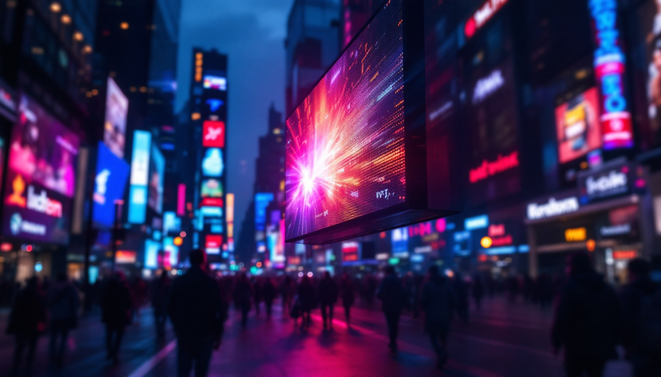 A photograph of a vibrant led display in a bustling urban environment