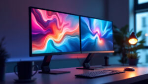 A photograph of a sleek dual screen monitor stand showcasing two vibrant led displays in a modern workspace