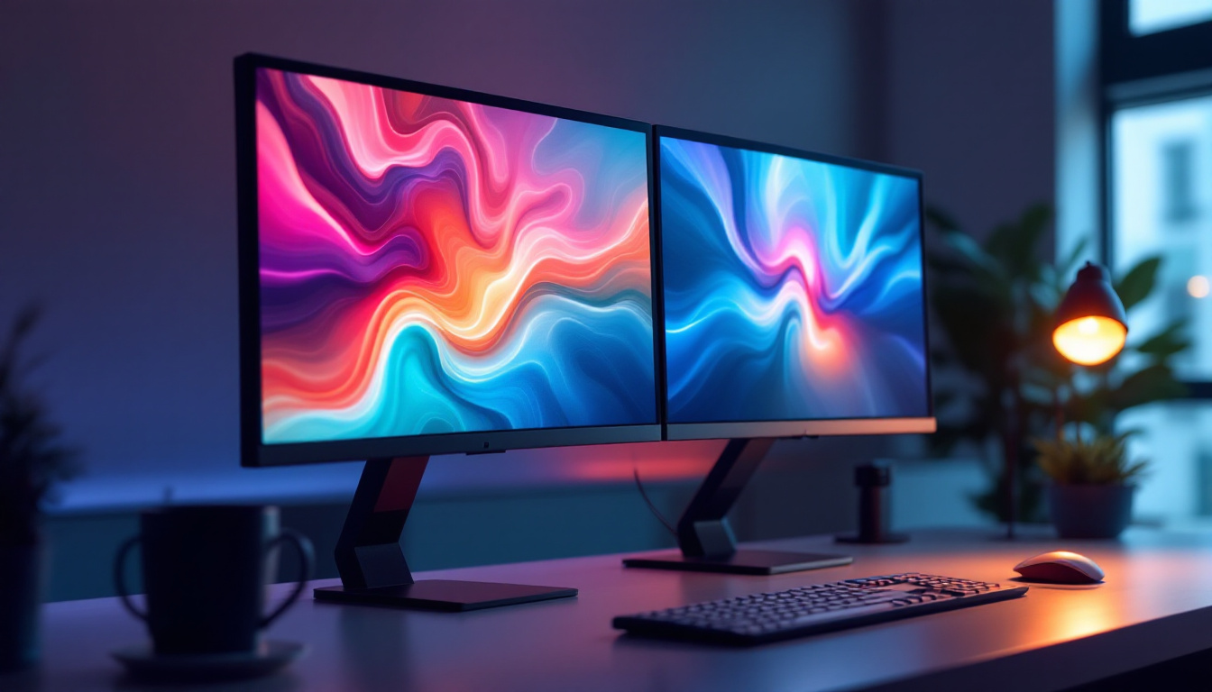 A photograph of a sleek dual screen monitor stand showcasing two vibrant led displays in a modern workspace