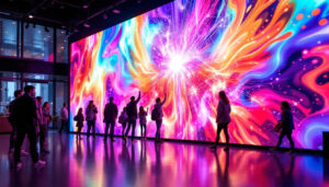 A photograph of a vibrant and dynamic video wall installation in a california setting