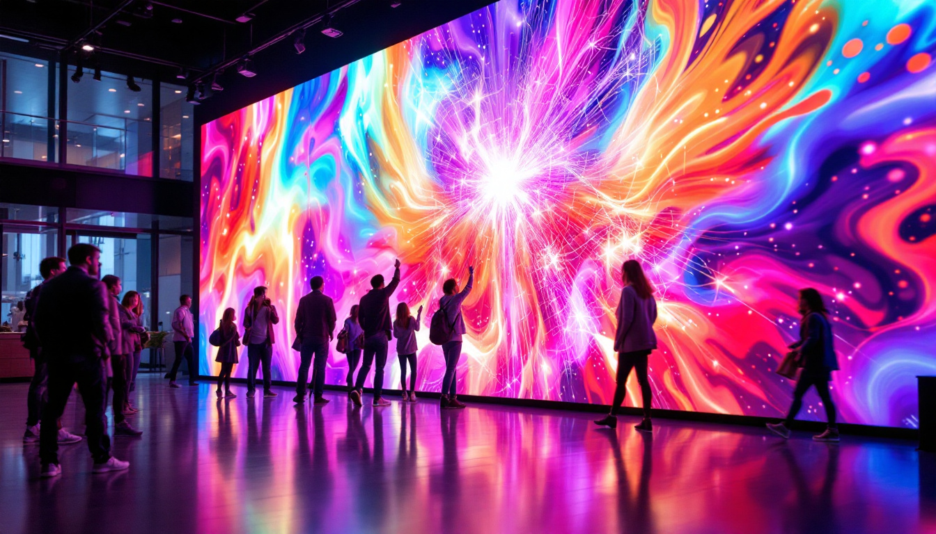 A photograph of a vibrant and dynamic video wall installation in a california setting