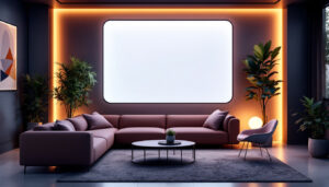 A photograph of a modern indoor setting featuring a sleek led privacy screen