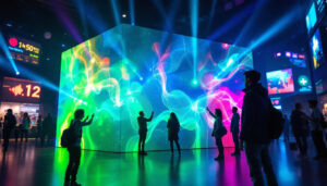 A photograph of a vibrant led display in a dynamic setting
