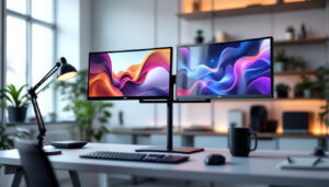A photograph of a sleek dual screen mount stand in a modern workspace