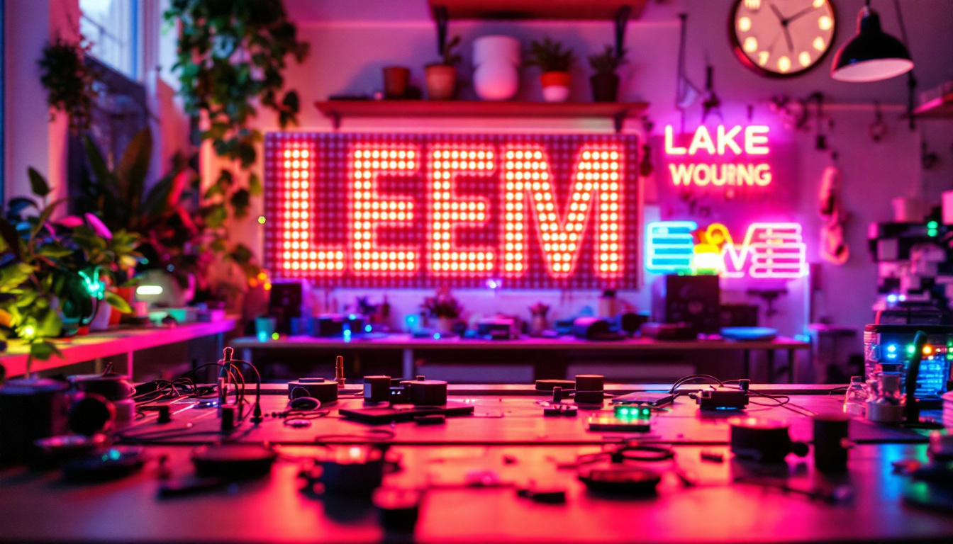 A photograph of a vibrant led sign in a creative workspace