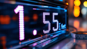 A photograph of a close-up shot of an led display screen showcasing the conversion of 1.5 meters to feet