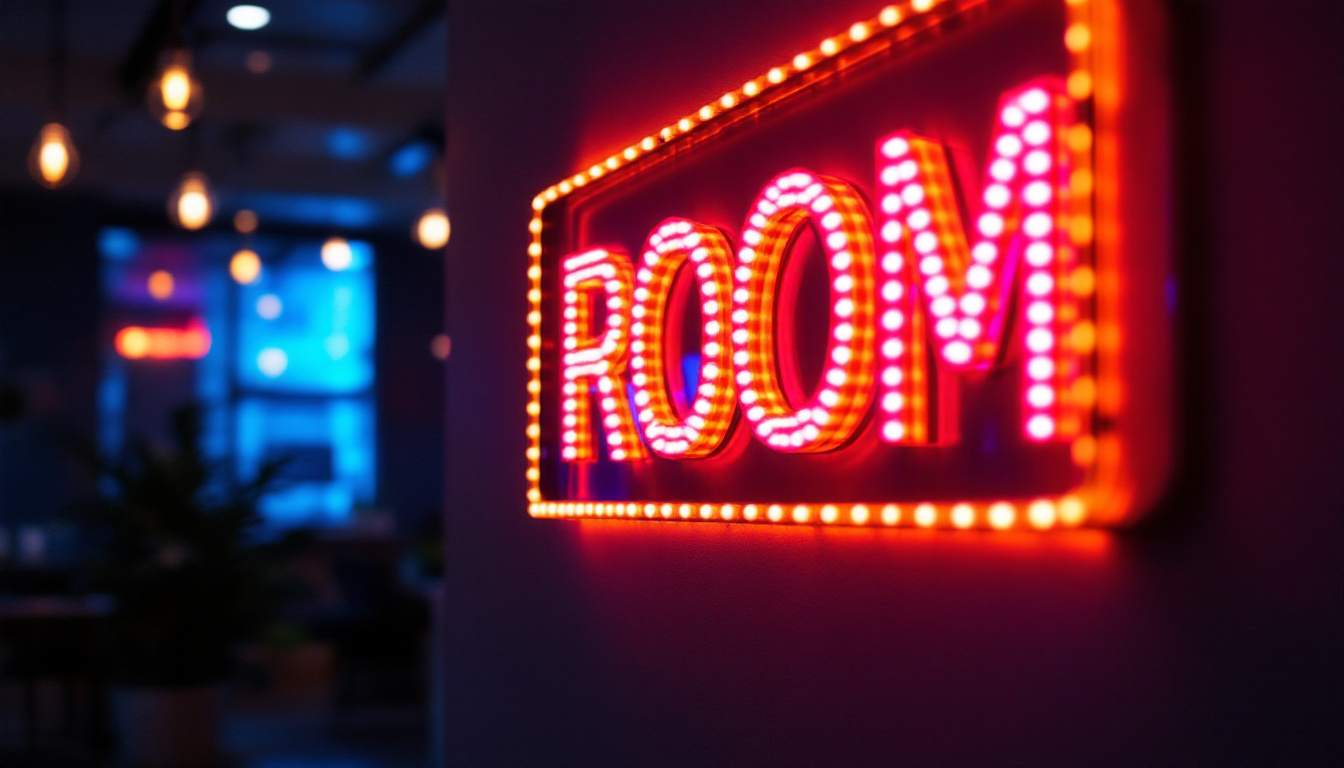 A photograph of a brightly lit led room sign in a modern interior setting