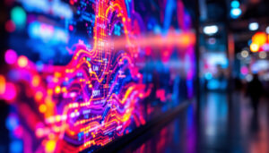 A photograph of a vibrant led display screen showcasing a dynamic visual