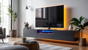 A photograph of a sleek slim media cabinet featuring an illuminated led display