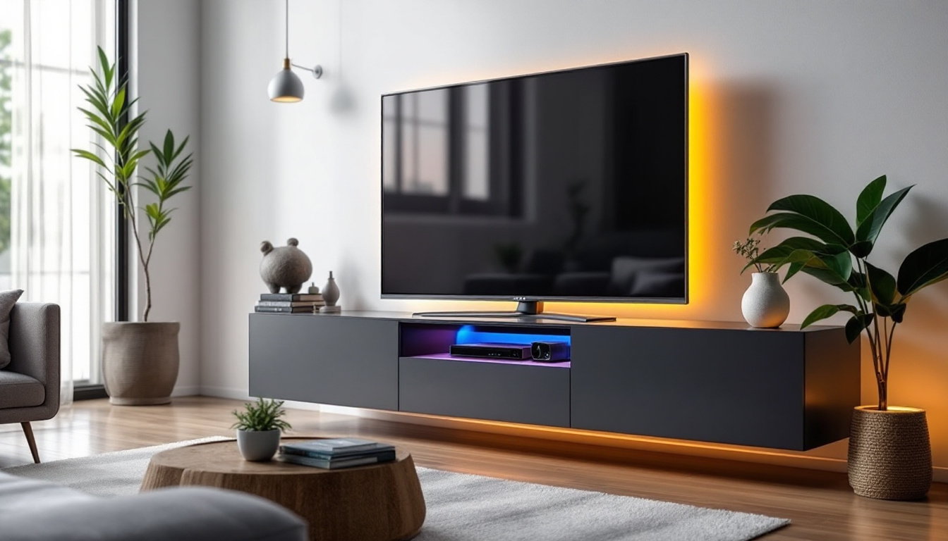 A photograph of a sleek slim media cabinet featuring an illuminated led display