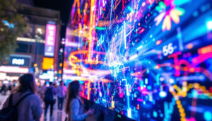 A photograph of a vibrant led display showcasing dynamic visuals