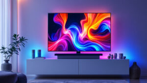 A photograph of capture a photograph of a sleek 32-inch led touch screen tv displaying vibrant colors and interactive content in a modern living room setting
