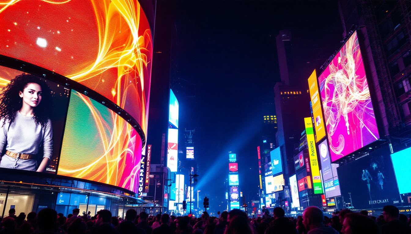 A photograph of a vibrant led display in a bustling urban setting at night