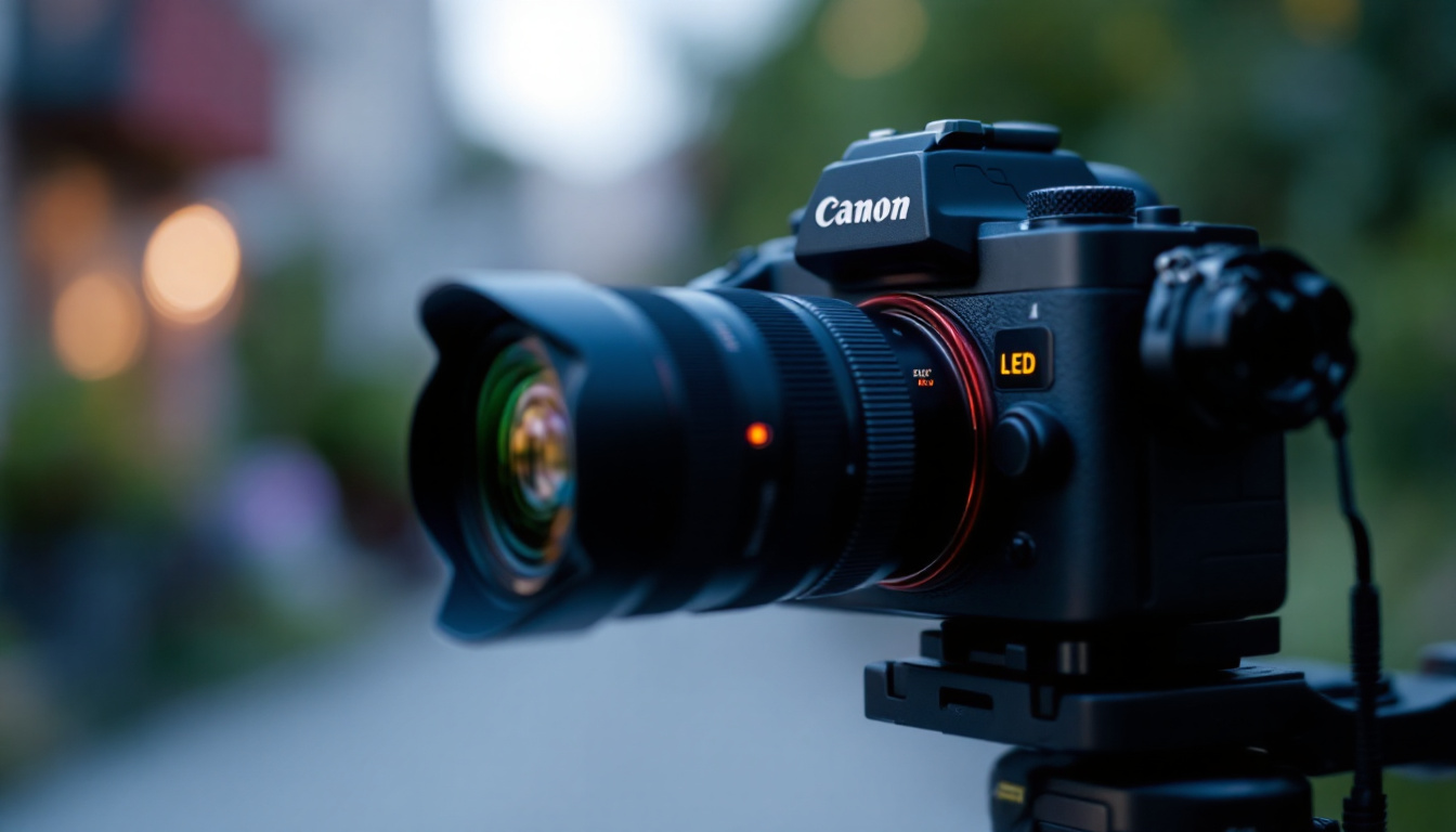 A photograph of a sleek exterior camera prominently displaying its led screen in use