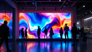 A photograph of a modern showroom featuring a vibrant led display showcasing dynamic visuals