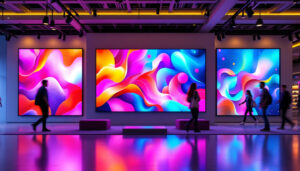 A photograph of a vibrant retail environment showcasing a large led display screen in action