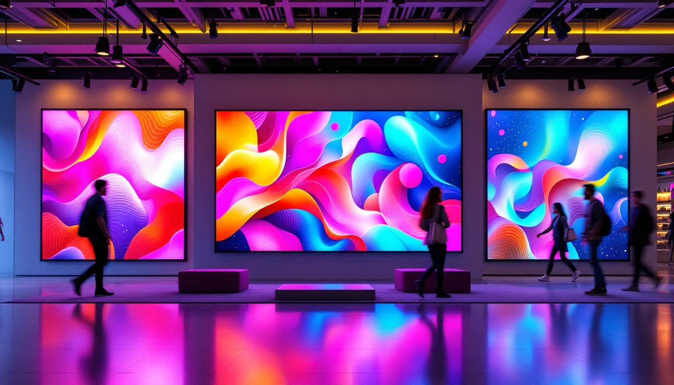 A photograph of a vibrant retail environment showcasing a large led display screen in action