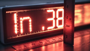A photograph of a close-up of a digital led display showcasing a measurement conversion from inches to centimeters