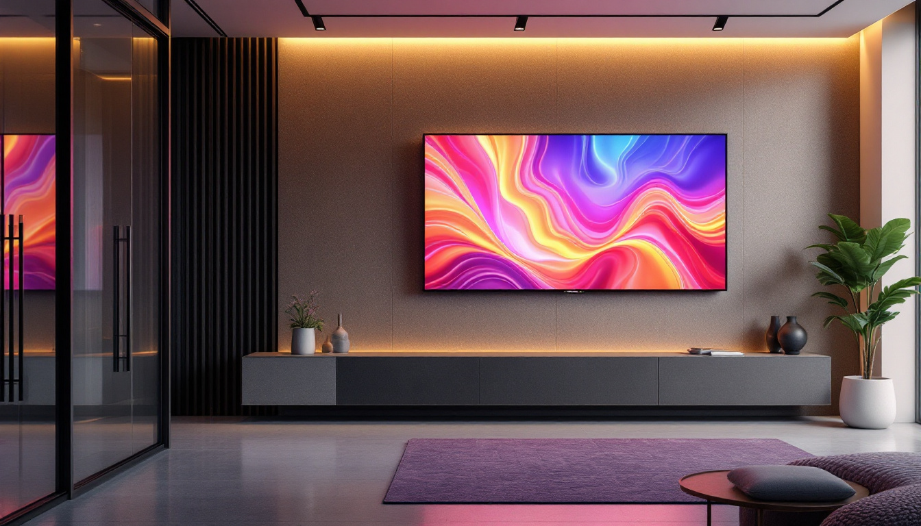 A photograph of a stylish interior featuring affordable wall panelling integrated with a vibrant led display