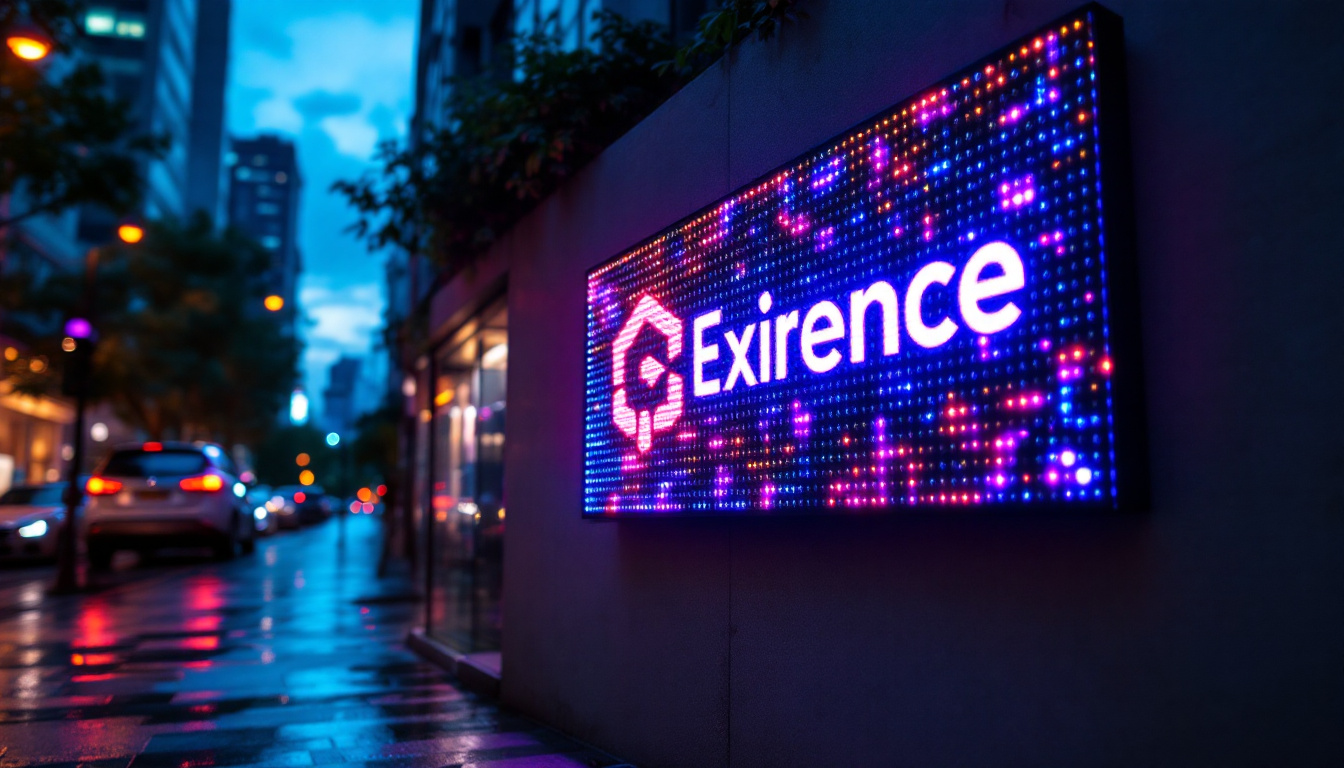 A photograph of a vibrant led display showcasing a business logo on a wall
