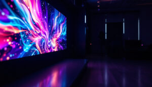 A photograph of capture a photograph of a vibrant led display showcasing dynamic visuals in a darkened environment