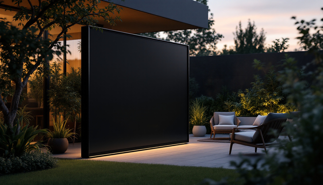A photograph of a sleek black privacy screen set up in an outdoor environment