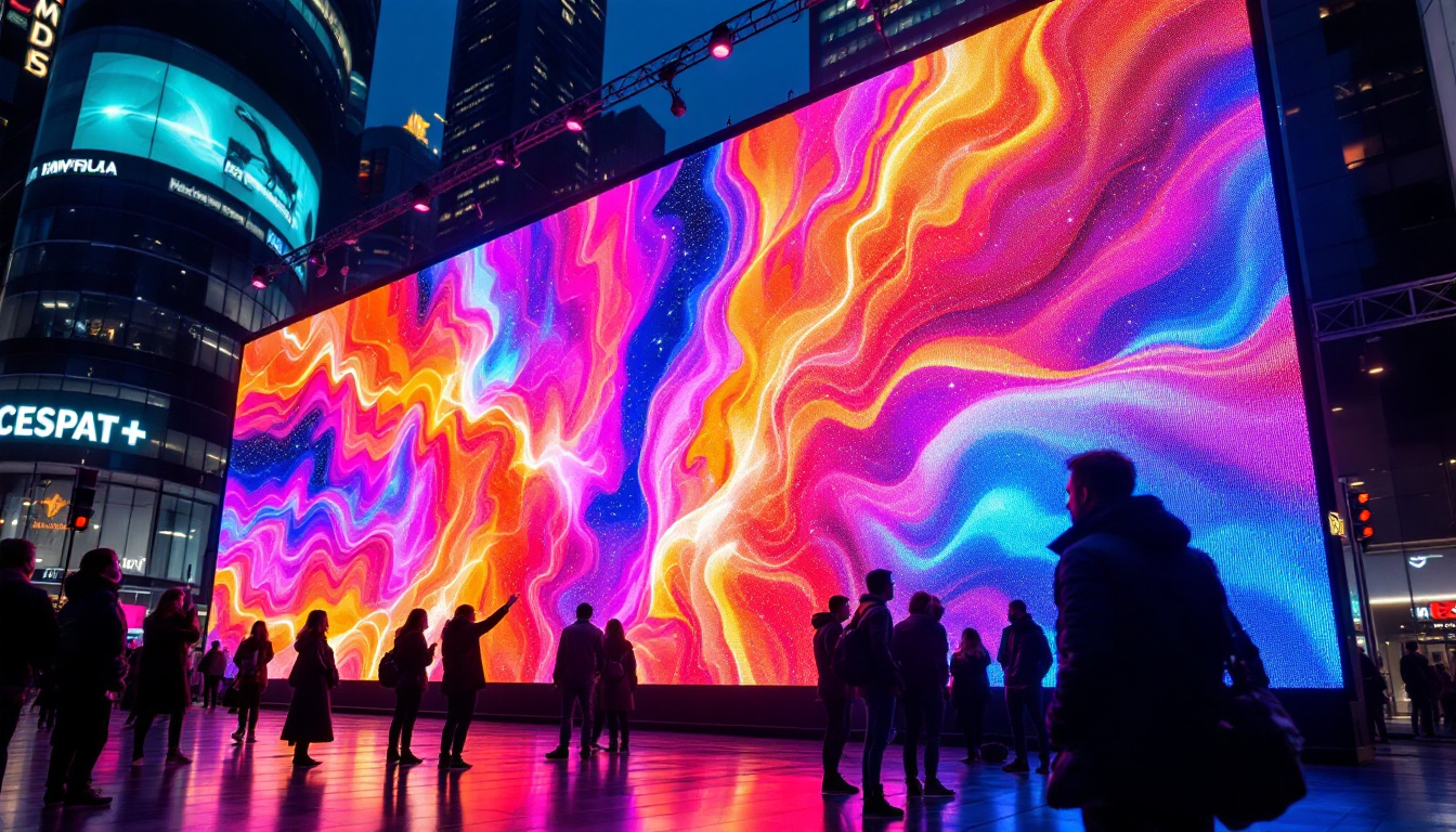 A photograph of a vibrant led display board in an urban setting
