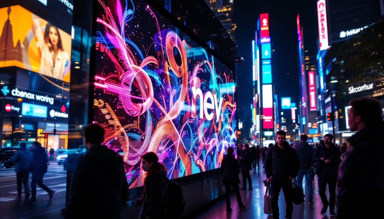 A photograph of a vibrant led display in a bustling urban environment