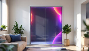 A photograph of a portable screen door featuring an led display in a home setting