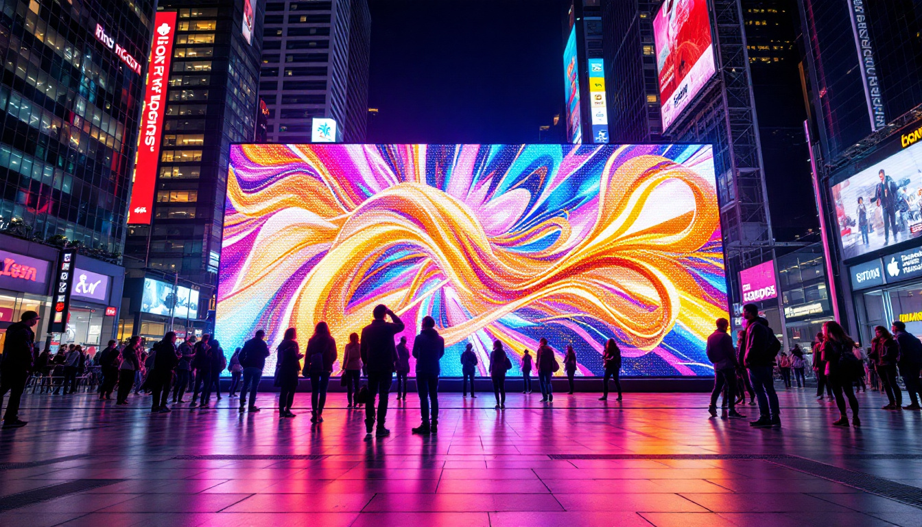 A photograph of a vibrant led display in a dynamic urban setting