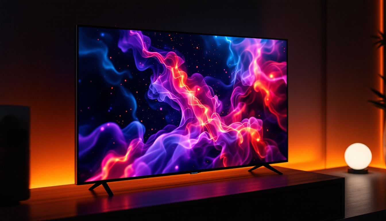A photograph of a vibrant full-color oled display showcasing a dynamic image or video