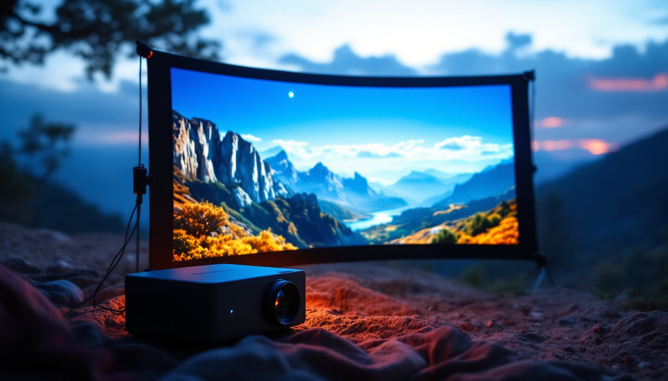 A photograph of a portable travel projector screen set up in an outdoor setting