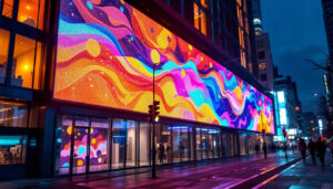 A photograph of a striking led curtain wall installation in an urban environment