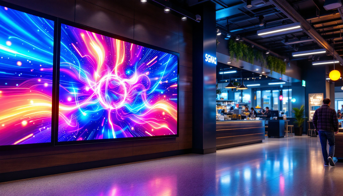 A photograph of a vibrant commercial setting featuring a large led display showcasing dynamic digital signage content