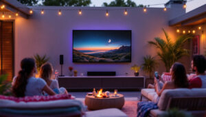 A photograph of a vibrant outdoor setting featuring a sleek led tv mounted on a patio wall