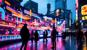 A photograph of a vibrant led display in an urban setting