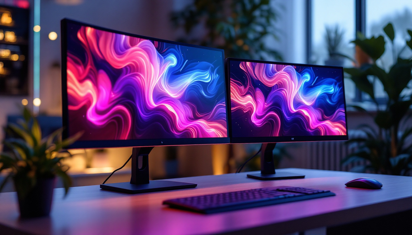 A photograph of capture a photograph of a sleek dual monitor stand showcasing two 34-inch led displays side by side