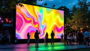A photograph of a vibrant outdoor setting showcasing a large led projection screen in use