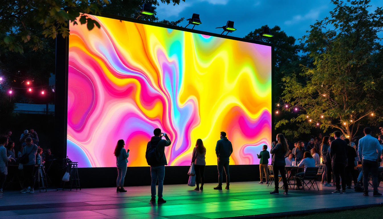 A photograph of a vibrant outdoor setting showcasing a large led projection screen in use