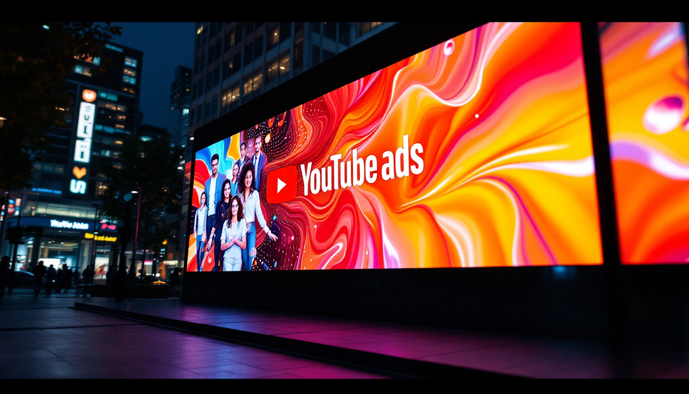 A photograph of a vibrant led display showcasing dynamic video ads in an urban setting