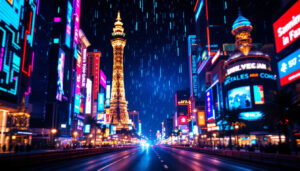 A photograph of capture a photograph of the vibrant led displays on the las vegas strip at night