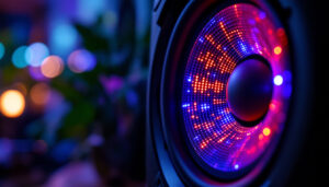 A photograph of a close-up shot of a speaker with an illuminated led display
