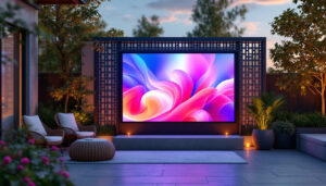 A photograph of a stylish lattice outdoor privacy screen integrated with a vibrant led display