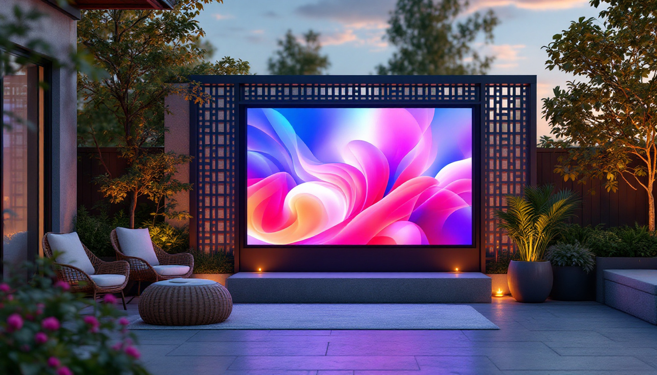 A photograph of a stylish lattice outdoor privacy screen integrated with a vibrant led display
