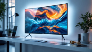 A photograph of capture a photograph of a sleek 32-inch led display in a modern setting