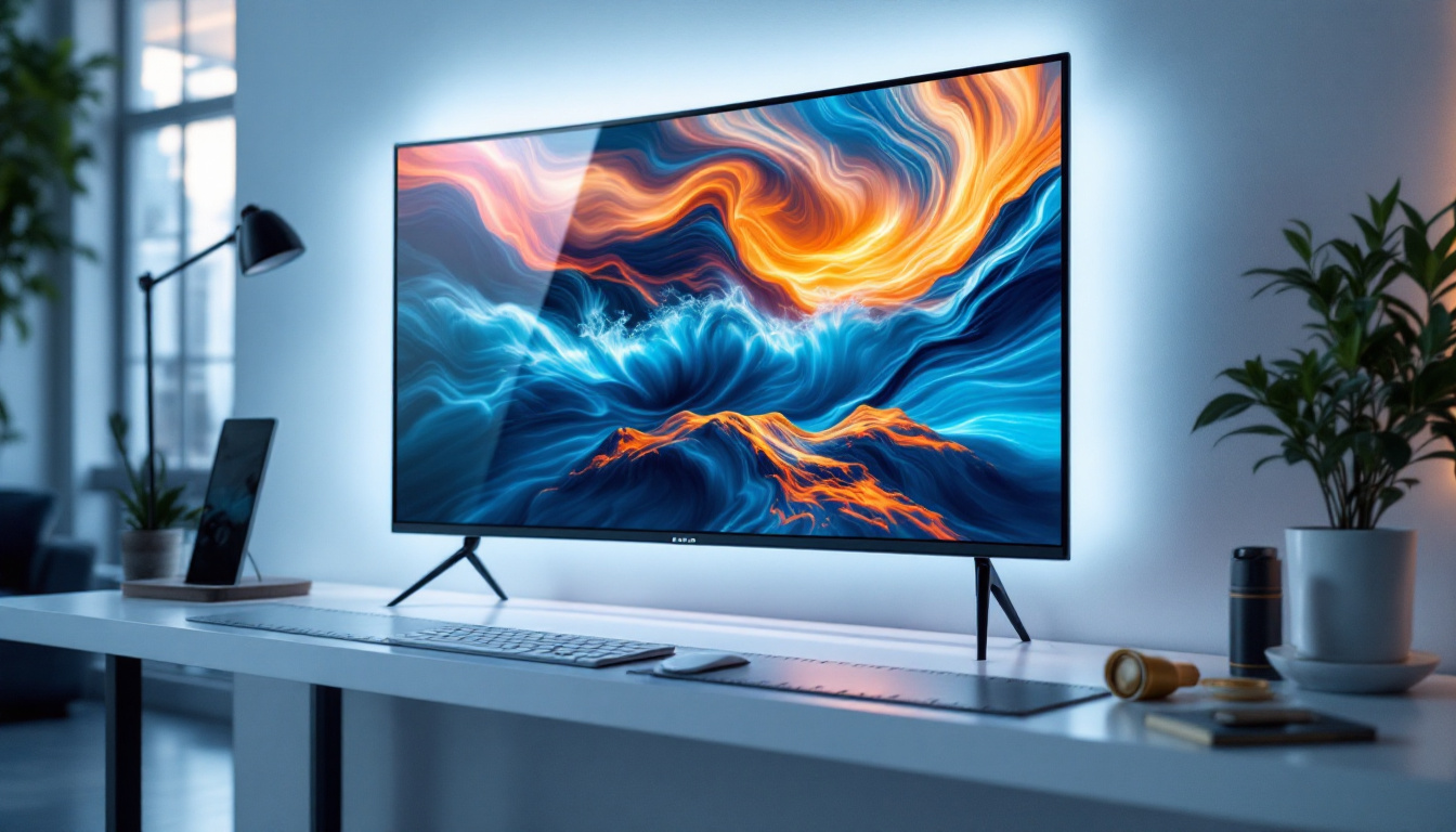 A photograph of capture a photograph of a sleek 32-inch led display in a modern setting