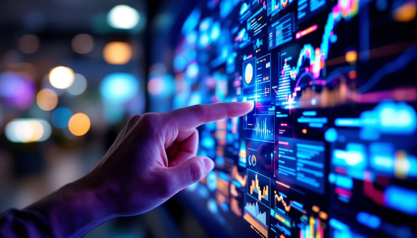 A photograph of a close-up shot of a person interacting with a vibrant led touchscreen display